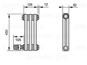 Схема (чертеж) Радиатор Zehnder Charleston 2045/3 №V004 Белый глянцевый RAL 9016